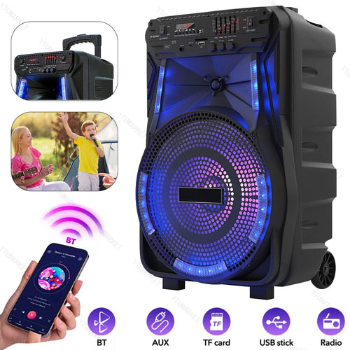 12'' Woofer Heavy Bass Bluetooth Speaker Portable Party PA Sound System Mic LED FM AUX Handle Wheels