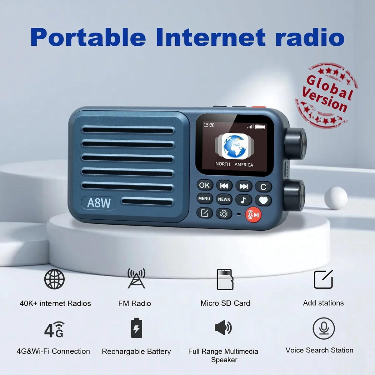 CHOYONG A8W Internet Radio Global Version Portable Smart Speaker, WiFi/4G, FM, TF Card, Navy Blue