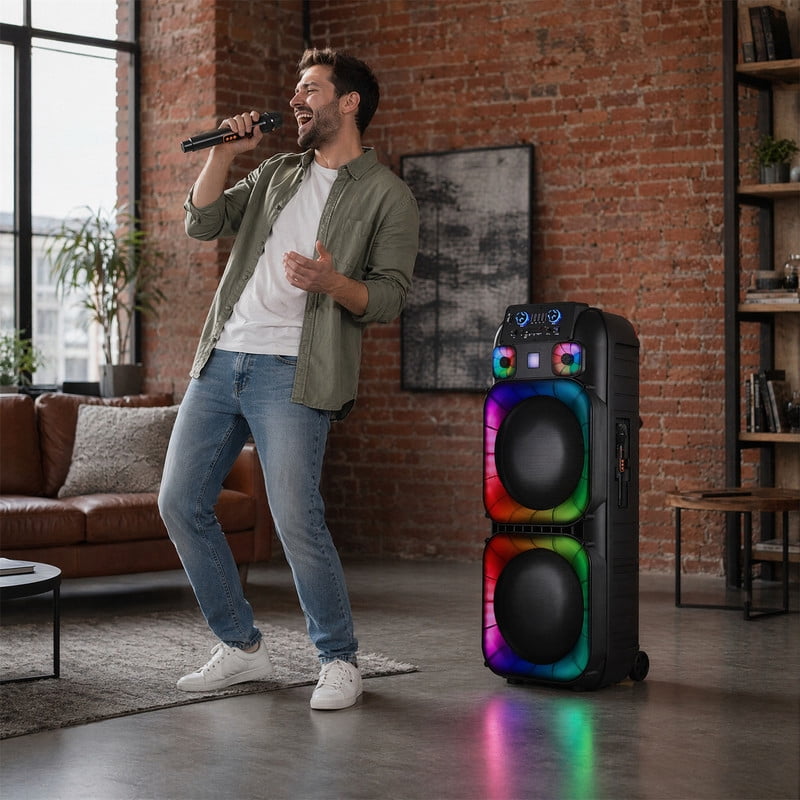 RIDWIND 4000W Peak Power Bluetooth Speakers Portable Wireless Speaker with Double 6.5 inch Subwoofer Heavy Bass,FM Radio, Microphone, Lights, Remote Control TWS Stereo Sound System Speaker