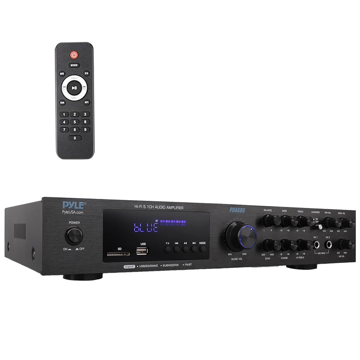 Pyle PDA8BU 5.1 Channel Home Audio Theater Bluetooth MP3/USB/SD/AUX/FM Radio Receiver, 2x 4" 30 Watt Peak 3-Way Water-Resistant Indoor/Outdoor Audio Speakers (White), 50 ft 16 Gauge Speaker Wire