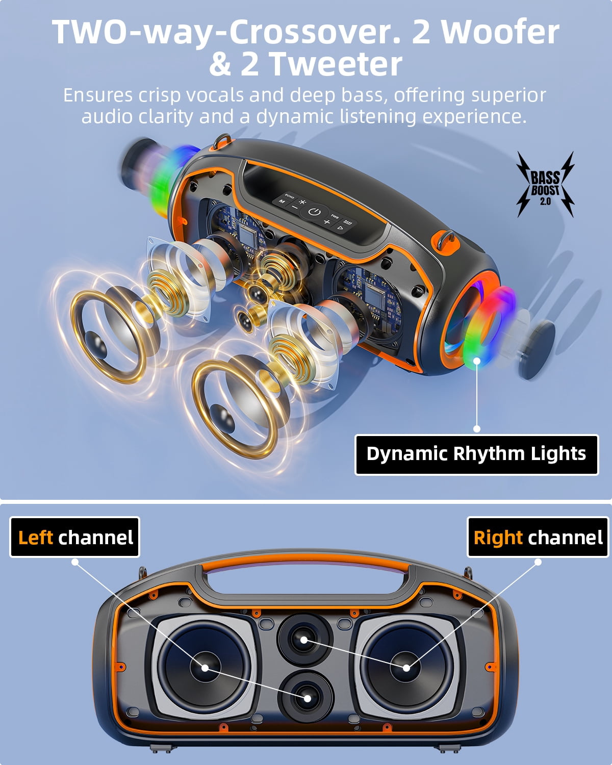 Portable Bluetooth Speaker 200W Peak Wireless, IP65 Waterproof Outdoor Speaker with Bass Boost, 24H Battery, TWS and USB/AUX/TF Input for Party