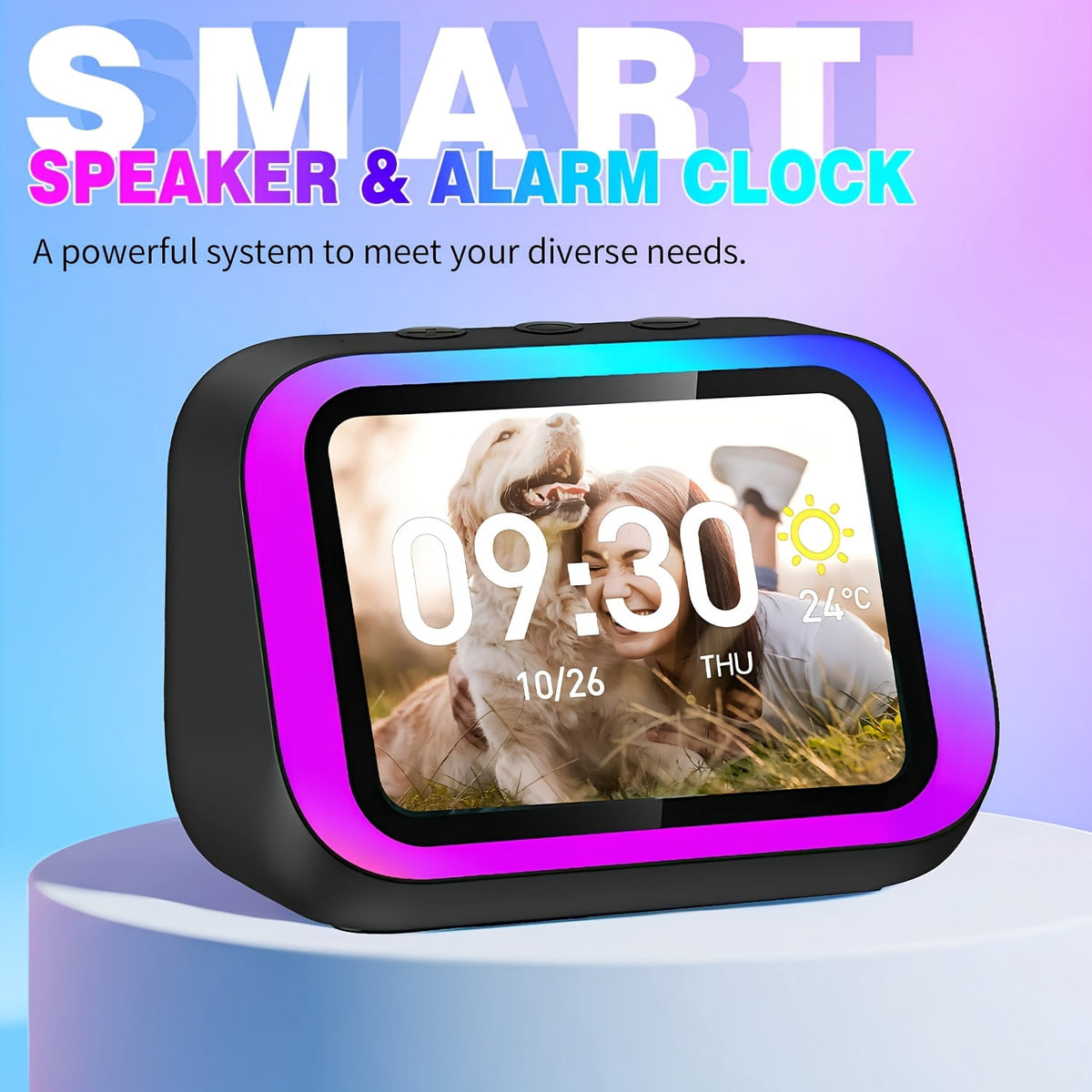 AI Smart Speaker, Smart Alarm Clock with Wireless Speaker & Dynamic RGB Light, Hi-Fi Stereo Sound, HD Smart Display, Answer/Make Call, Voice Assistant, Period Tracker, 2500mAh Battery