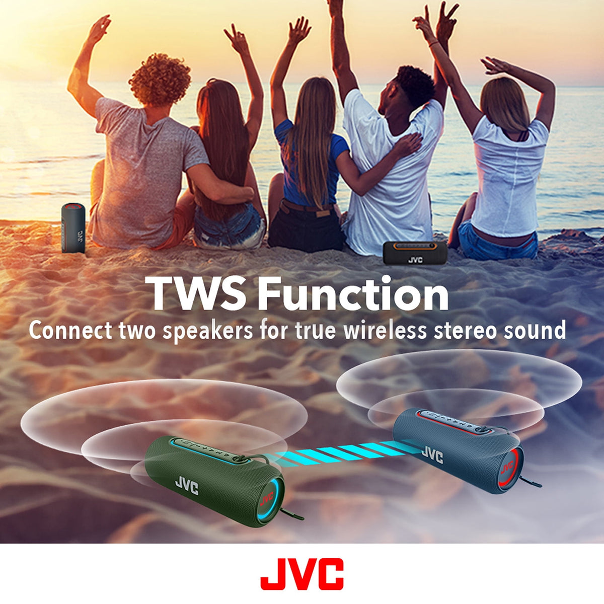 JVC Illuminated Portable Wireless Speaker with 20W max outputs, Dynamic Sound, Bluetooth 5.0, TWS Capability, USB-C, IPX5, AUX in, up to 5-Hour Battery Life - SPPA5BTG (Green)