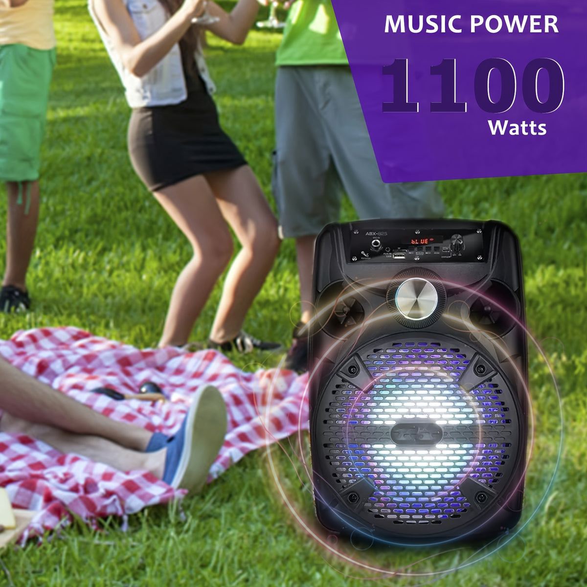 1100W Portable PA Speaker with 8" Subwoofer, Bluetooth, 7-Color LED, Rechargeable Battery, USB/SD/AUX, Includes Wired Mic & Stand for Outdoor Party