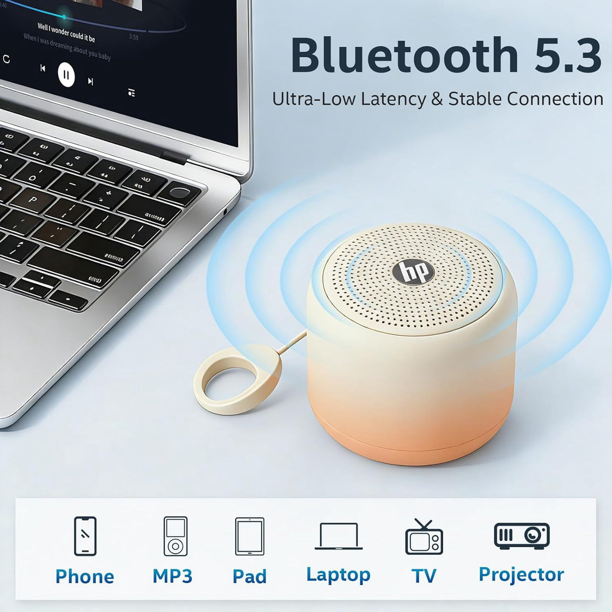 HP Portable Bluetooth Speaker with HiFi Deep Bass, IPX7 Waterproof Mini Wireless Speaker, 15H Battery, TWS Pairing for Outdoor and Home, Milk Tea