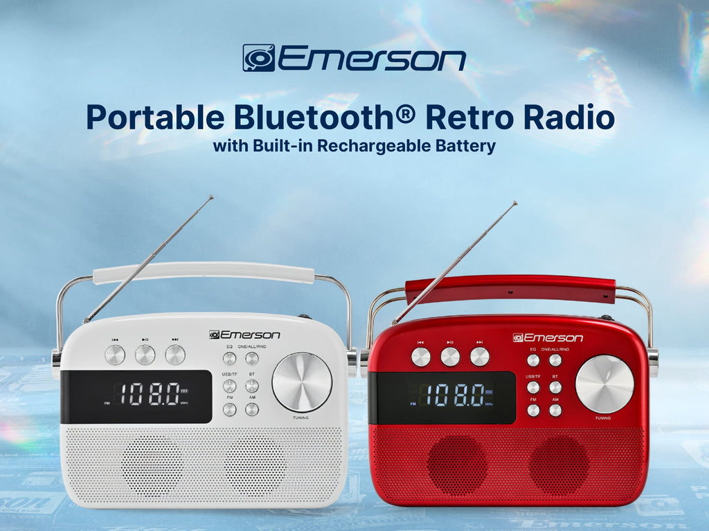 Emerson EAS-3010 Portable Bluetooth Radio with MP3 Player, Retro Style Wireless Speaker with AM/FM Tuner, Built-in 1200mAh Rechargeable Battery, 5W Stereo Sound, USB/TF/Aux-in, LCD Display