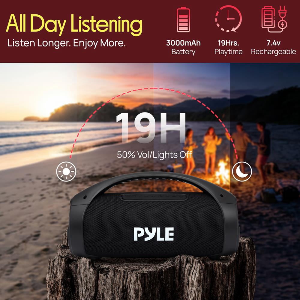 Pyle Portable Bluetooth Boombox Speaker, 100W Peak Power, 19-Hour Battery, FM Radio, USB Playback, AUX Input, TWS Pairing, LED Lights & Carry Handle