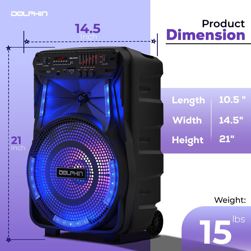 Dolphin SP-1217RBT 12-Inch Rechargeable Bluetooth Party Speaker – High Power Sound, TWS Compatibility, LED Lights, 5-Band Equalizer, Portable Design with Trolley and Wheels