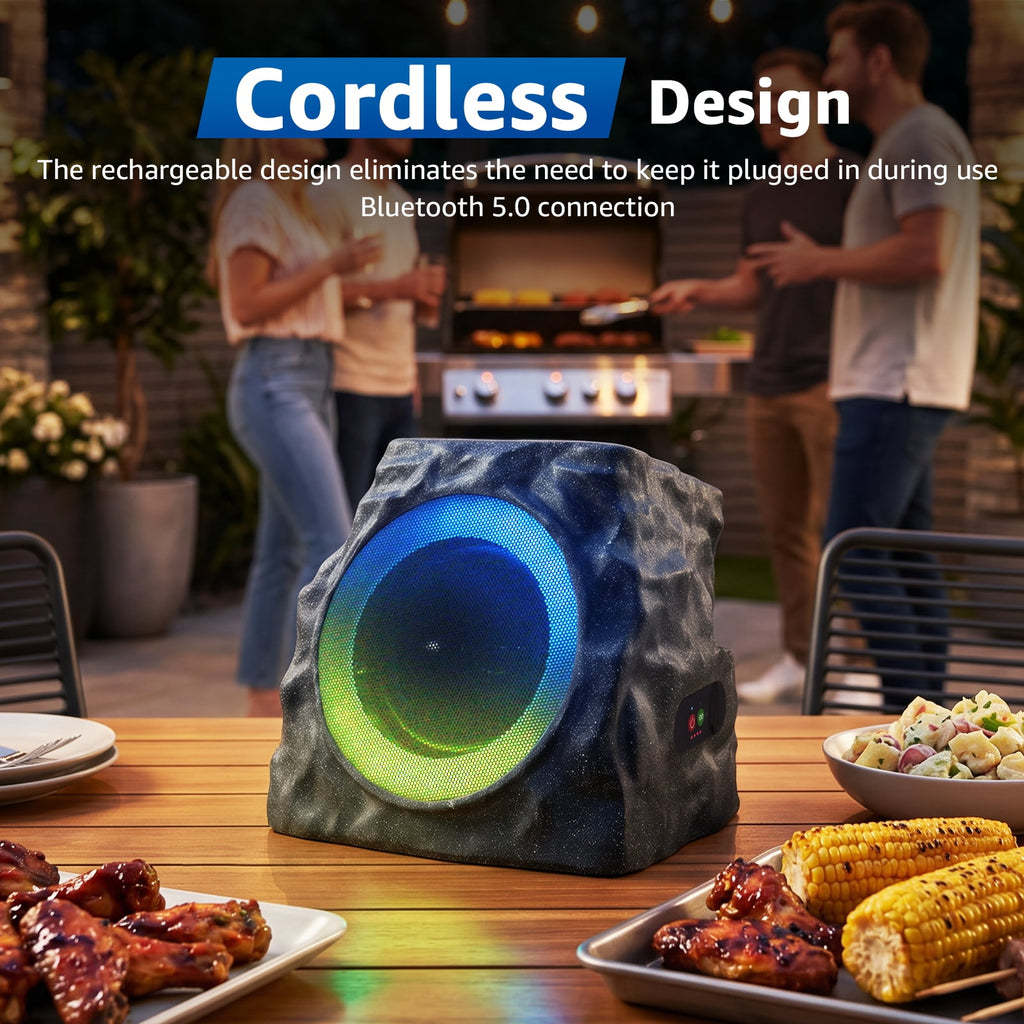 NiceBuy 2-Pack 8.1" Bluetooth Rock Speakers, Powerful Sound Solar Outdoor Wireless TWS Stereo Speaker with RGB Colorful LED Light for Indoor Outside Patio Garden