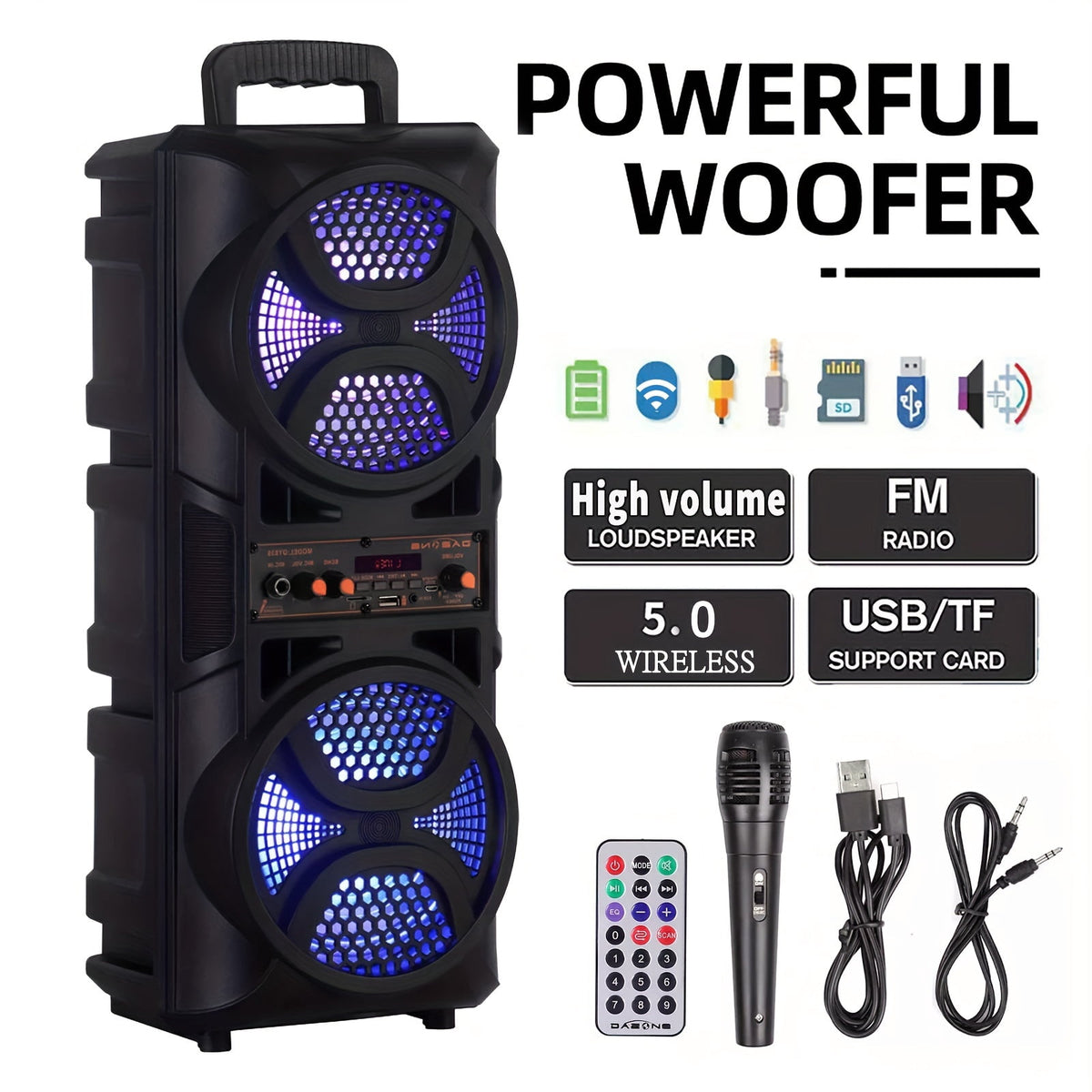 3000W Portable Speaker - Choose 6.5''/8''/10''/12'' Subwoofers - Heavy Bass w/LED Lights - 33ft Wireless Range - For Home/Party/Travel - FM Radio & Stereo Sound