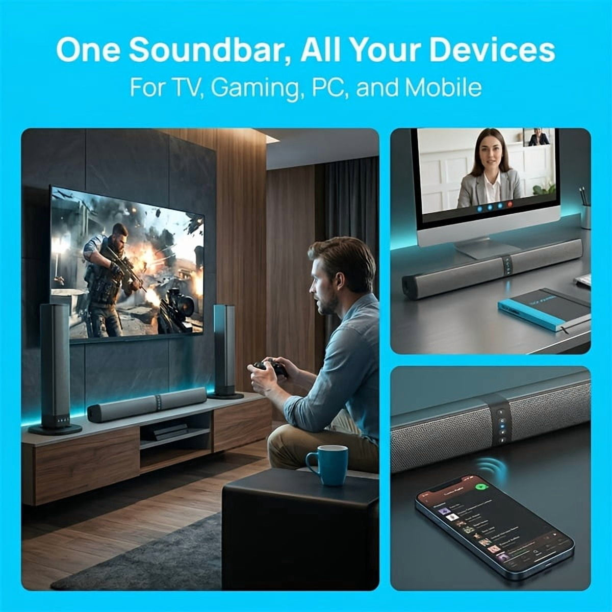 Stereo Bar Speaker for Smart TVs, 2-in-1 Wireless Subwoofer, Home Theater System, Bass Enhancement, Supports TF/AUX/FM/RCA/TWS, 2000mAh Battery, for DVD/TV/PC/Phone/Games