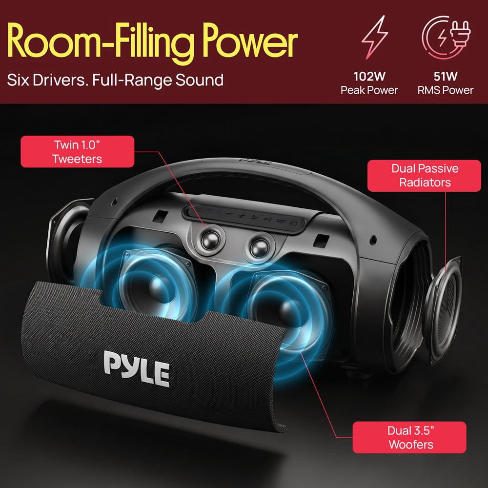 Pyle Portable Bluetooth Boombox Speaker, 100W Peak Power, 19-Hour Battery, FM Radio, USB Playback, AUX Input, TWS Pairing, LED Lights & Carry Handle
