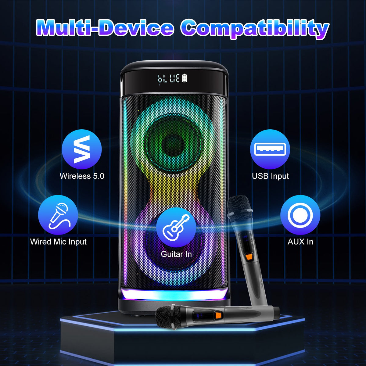Imountek Portable Wireless Party Speaker with LED Lights, Wireless Mic, Remote, TWS, FM Radio, 10H Playtime, IPX6