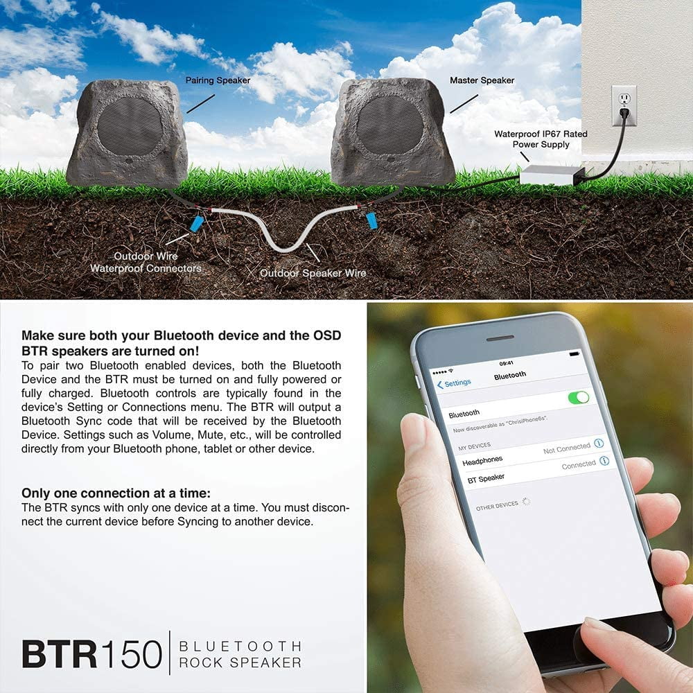 OSD Audio BTR150 5.25" Bluetooth Outdoor Rock Speaker Pair, 120W, Weather Resistant, Sandstone Canyon Brown