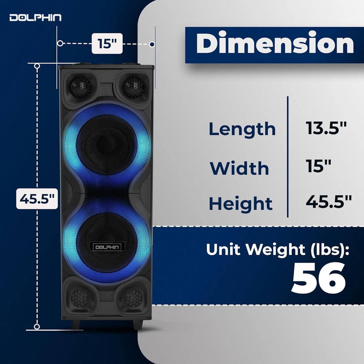 Dolphin SP-2250RBT High-Power Big Party Speaker – X-BASS, Strobe & LED Infinity Lights, Bluetooth, Wood Cabinet MDF, 2 UHF Wireless Mics, 120W, Long-Lasting Battery for DJ & Karaoke