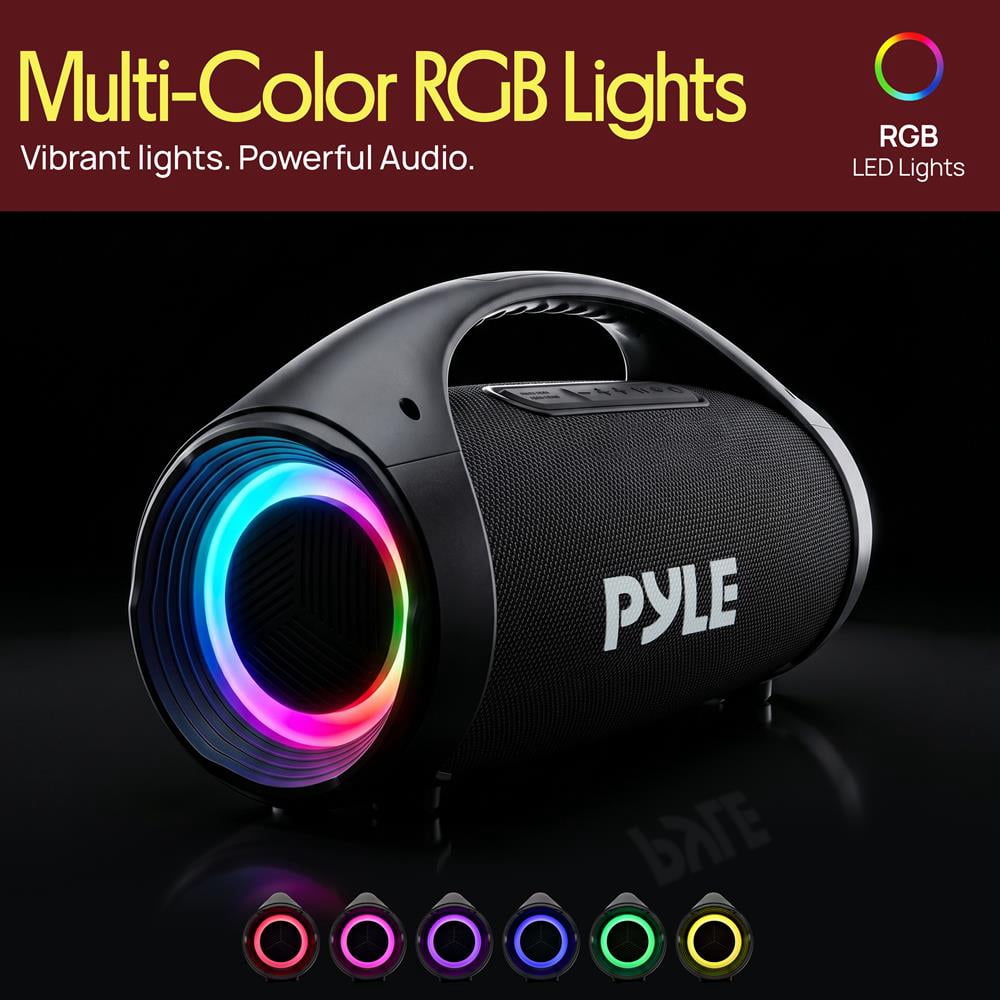 Pyle Portable Bluetooth Boombox Speaker, 100W Peak Power, 19-Hour Battery, FM Radio, USB Playback, AUX Input, TWS Pairing, LED Lights & Carry Handle