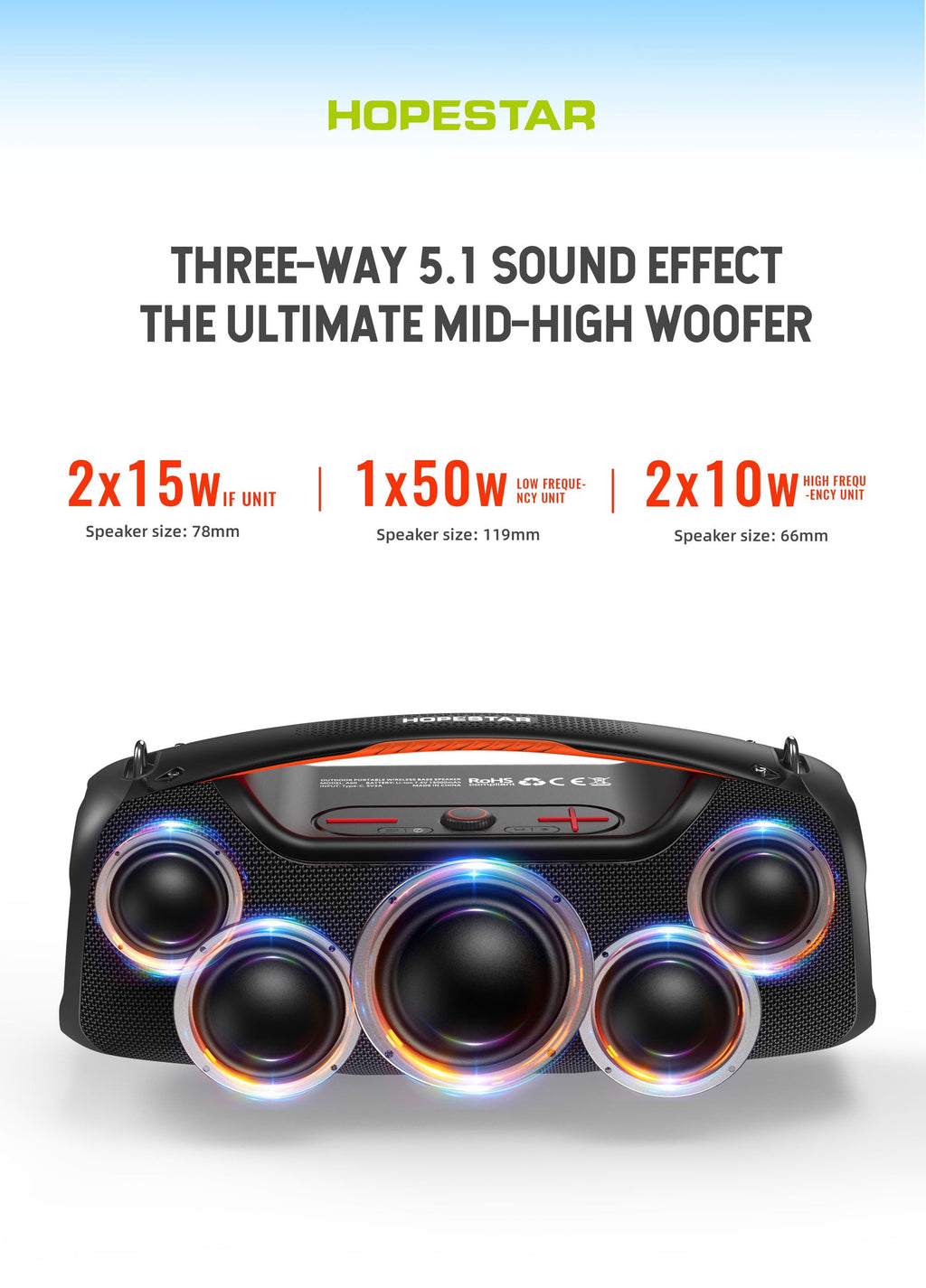 Hopestar 100W Wireless Bluetooth Speaker with Microphone & Carry Handle, Portable, Powerful Sound