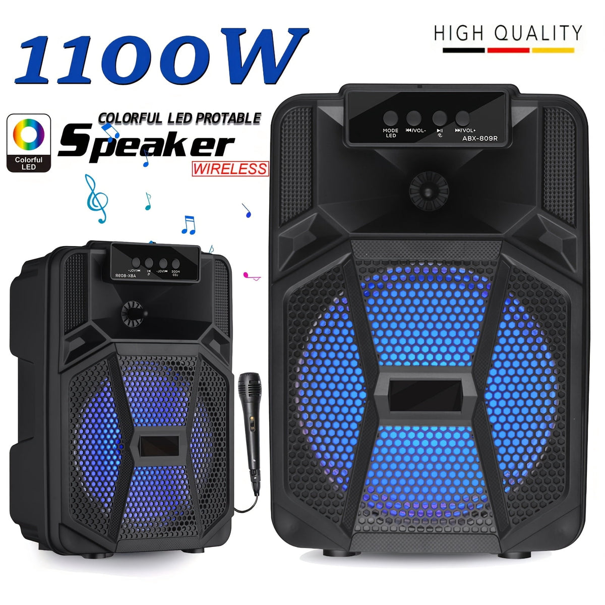 1100W Portable Bluetooth Speaker with LED Lights, Wired Microphone, 1200mAh Battery, Black - Ideal for Parties, Holidays & Gifts