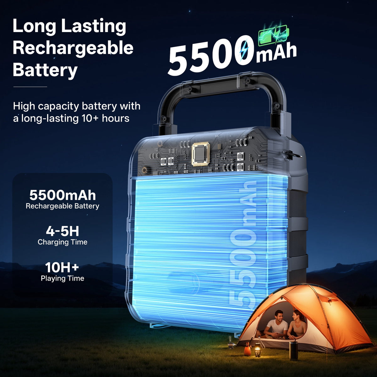 FanFun Bluetooth Speaker, Outdoor Portable Speaker with 2 Microphones, PA System with Dynamic LED Light, 6 EQ Modes