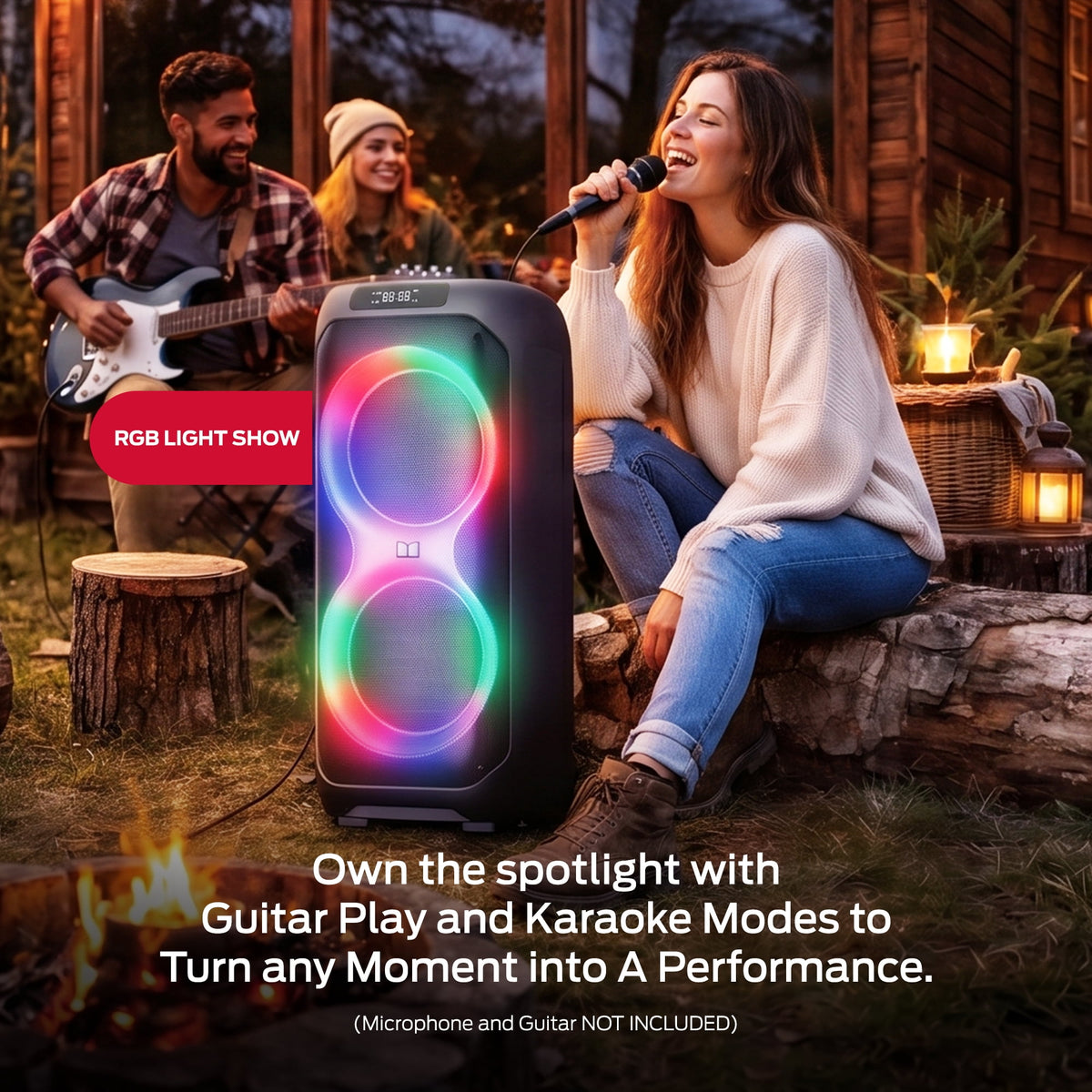 Monster Party Flux Portable Bluetooth Party Speaker, 200W Peak Power, Dual 8-Inch Drivers, RGB LED Lights, Karaoke Mode, TWS Pairing, IPX5 Water Resistant, 6-Hour Battery, Black