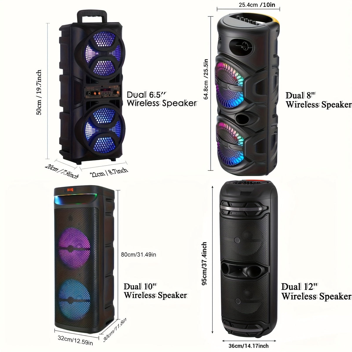 3000W Portable Speaker - Choose 6.5''/8''/10''/12'' Subwoofers - Heavy Bass w/LED Lights - 33ft Wireless Range - For Home/Party/Travel - FM Radio & Stereo Sound
