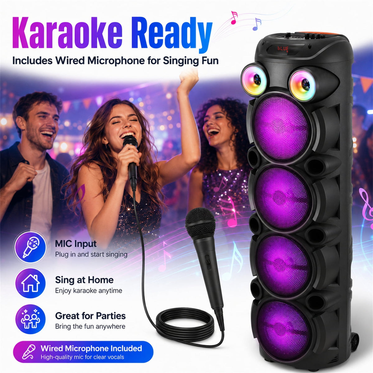 Lohoms Triple 8" Bluetooth Party Speaker, Portable Karaoke Machine & Outdoor PA Sound System with Powerful Stereo Sound, LED Lights, Wireless Mic, TWS Pairing, FM, USB, TF & AUX