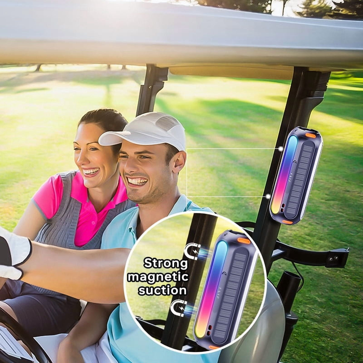 Fazipu Magnetic Bluetooth Speaker, Golf Speaker with Solar Charging 15H Playtime, 7 Colorful Flashing Lights Outdoor Waterproof Portable Wireless, for Golf Cart Gifts Hiking Camping