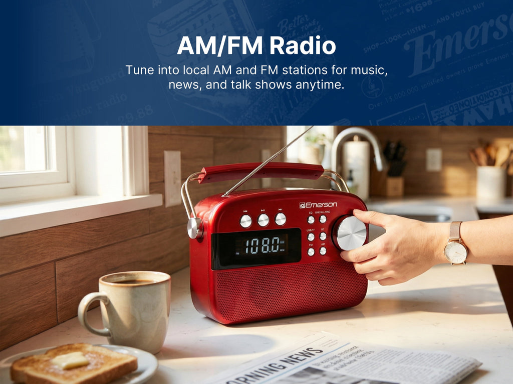 Emerson EAS-3010 Portable Bluetooth Radio with MP3 Player, Retro Style Wireless Speaker with AM/FM Tuner, Built-in 1200mAh Rechargeable Battery, 5W Stereo Sound, USB/TF/Aux-in, LCD Display