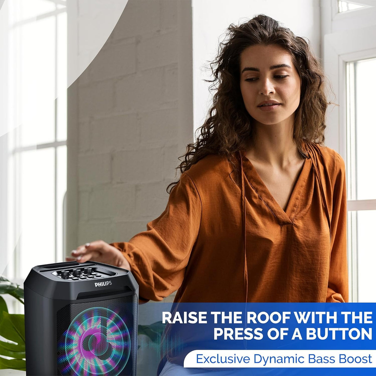 Philips Portable Bluetooth Party Speaker with 8-Inch Woofer and Dynamic Bass Boost, 30W, 7Hrs Play Time, USB-C, Black