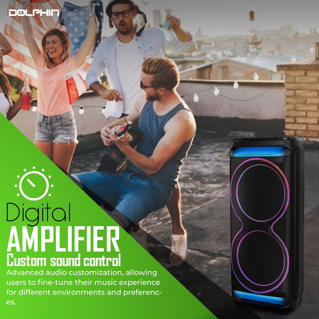 Dolphin SP-5500RBT High-Powered Bluetooth Speaker with X-BASS, Dual 15" Woofers, 100W RMS, TWS, LED Lights, Rechargeable Battery, Karaoke Mic, Ultra-Loud Party Speaker