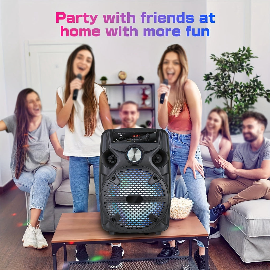 1100W Portable PA Speaker with 8" Subwoofer, Bluetooth, 7-Color LED, Rechargeable Battery, USB/SD/AUX, Includes Wired Mic & Stand for Outdoor Party