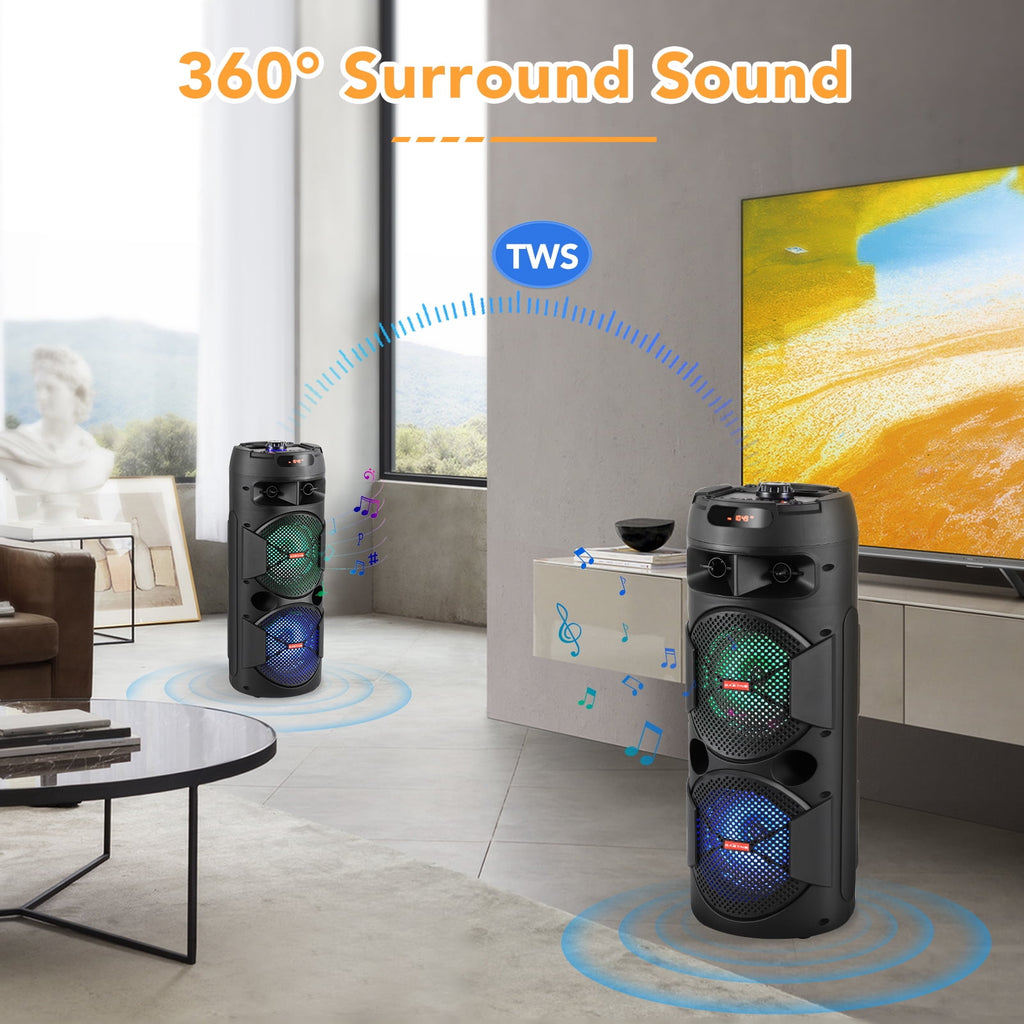 RIDWIND 4000W Peak Power Bluetooth Speakers Portable Wireless Speaker with Double 6.5 inch Subwoofer Heavy Bass,FM Radio, Microphone, Lights, Remote Control TWS Stereo Sound System Speaker