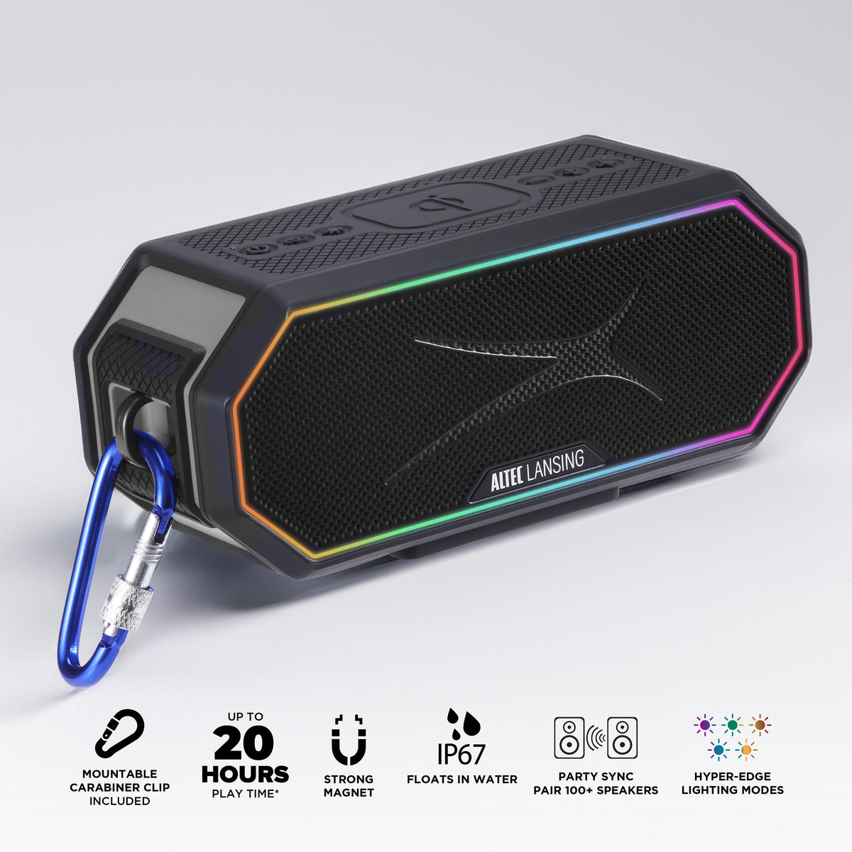 Altec Lansing HydraBlast 2.0 EverythingProof™ Bluetooth Speaker, IP67 Waterproof, 20H Battery, Qi Wireless & USB Charging, LED Lights, Party Sync, 100ft Range