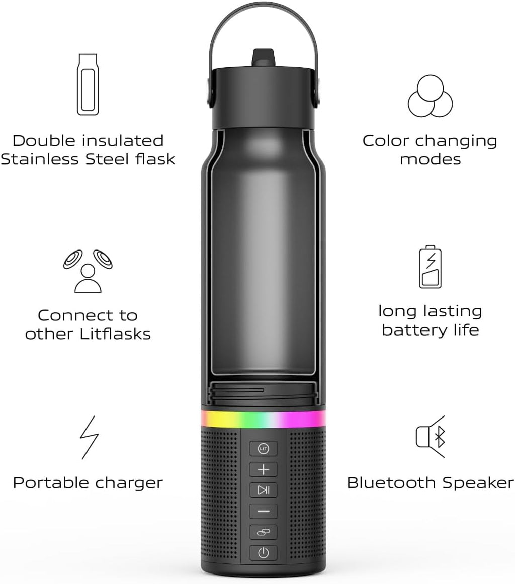 LITFLASK Smart Water Bottle with Premium Bluetooth Speaker, White, Portable Charger, LED Light, Stainless Steel, Mix & Match Colors, 20oz - Oprah's Favorite Things 2024