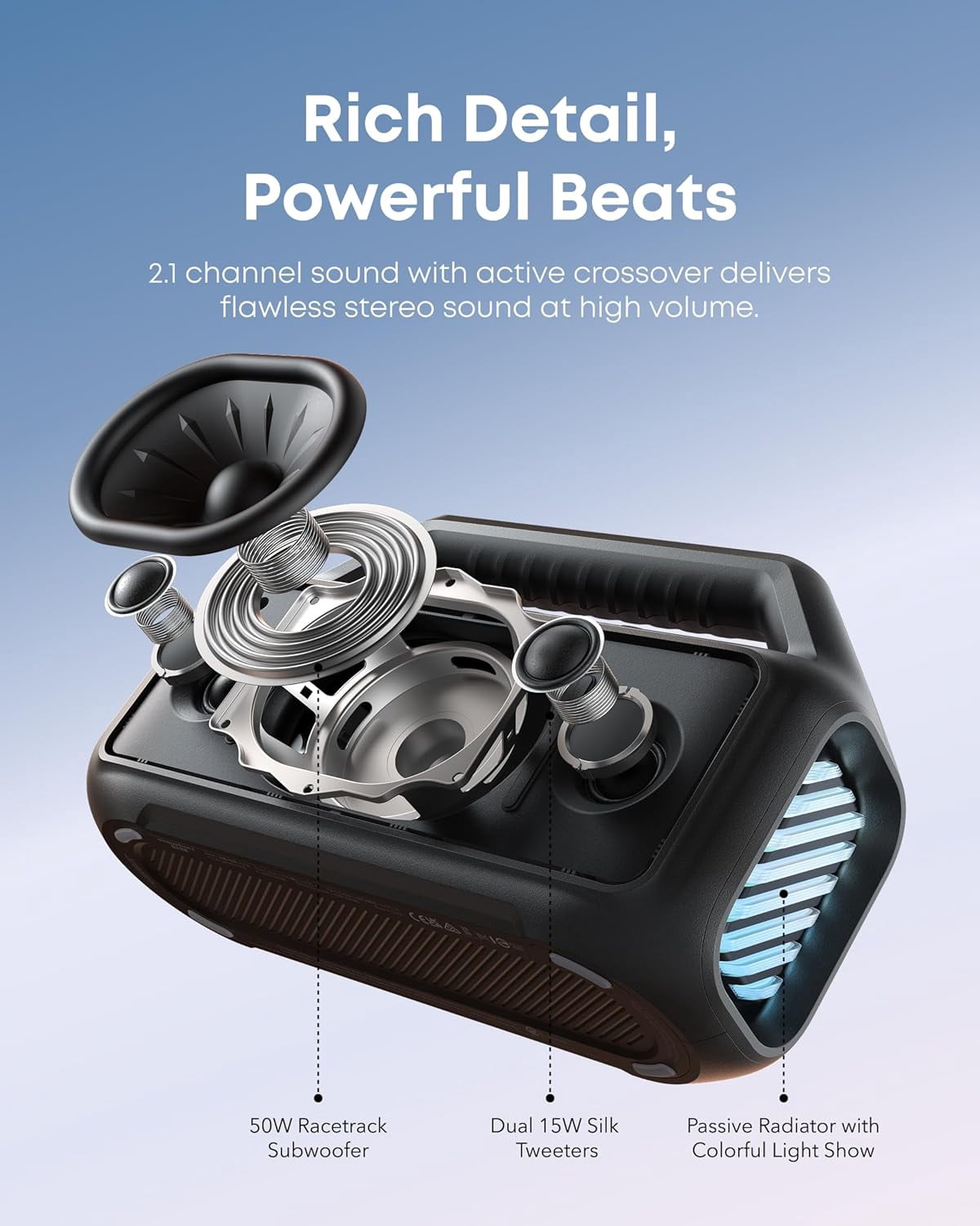 Soundcore Boom 2 By Anker, Outdoor Speaker, 80W, Subwoofer, 24H Playtime, IPX7 Waterproof, Floatable, RGB Lights, Blue