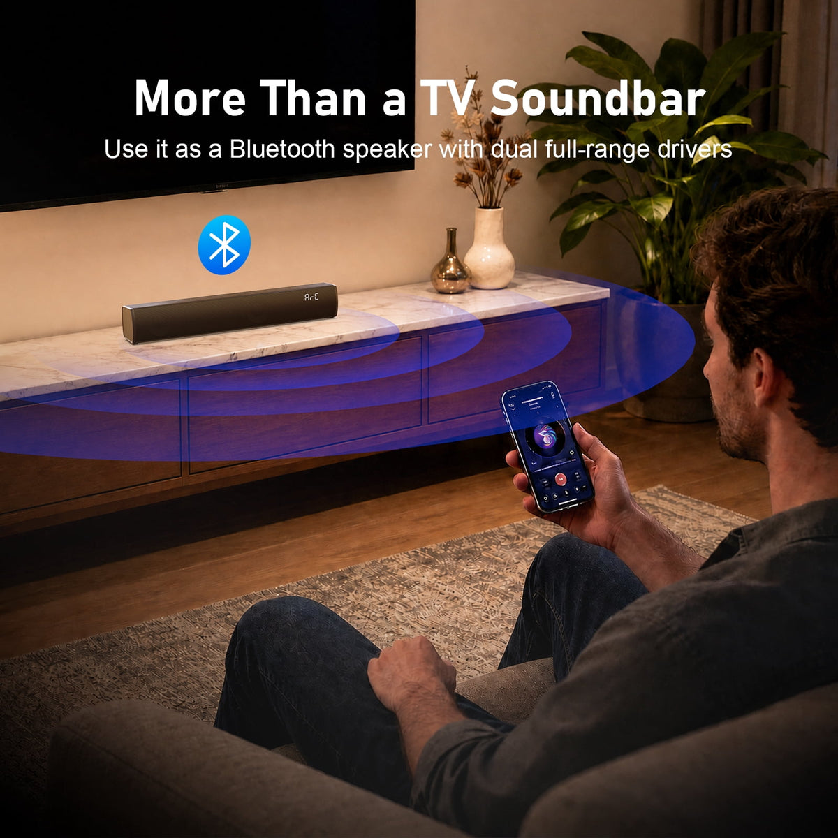 Wireless Bluetooth Sound Bar for Smart TV, 2.0 Channel Home Theater Speaker System with HDMI ARC/Optical/AUX/USB, Surround Sound Audio Bar for TV, PC, Gaming and Projector, 3 EQ Modes, Black