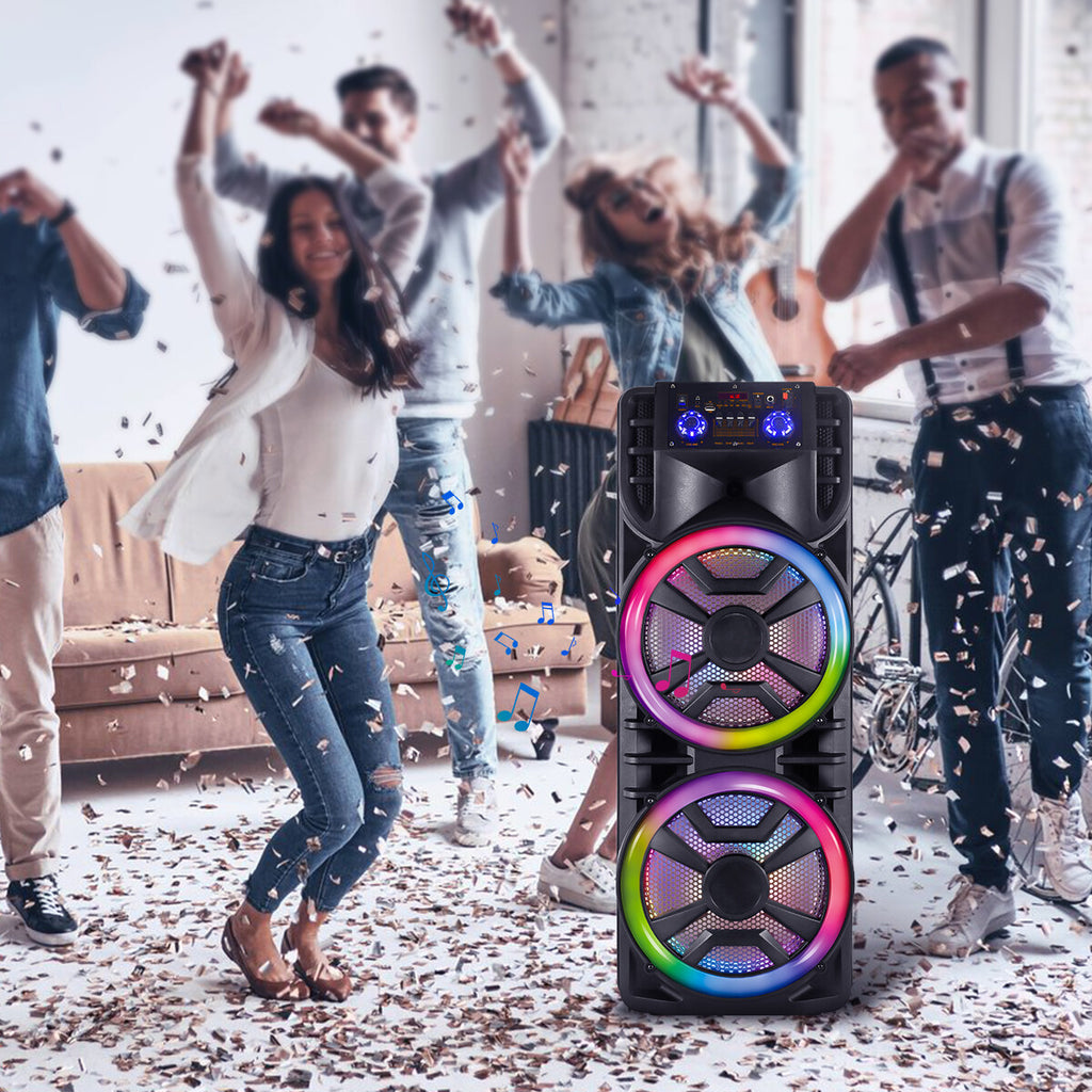 Curuk Wireless Speaker With Wireless Mic, 2800W Portable Bluetooth Speaker Dual 12” Subwoofer Heavy Bass Party DJ PA Sound System FM Mic LED Light