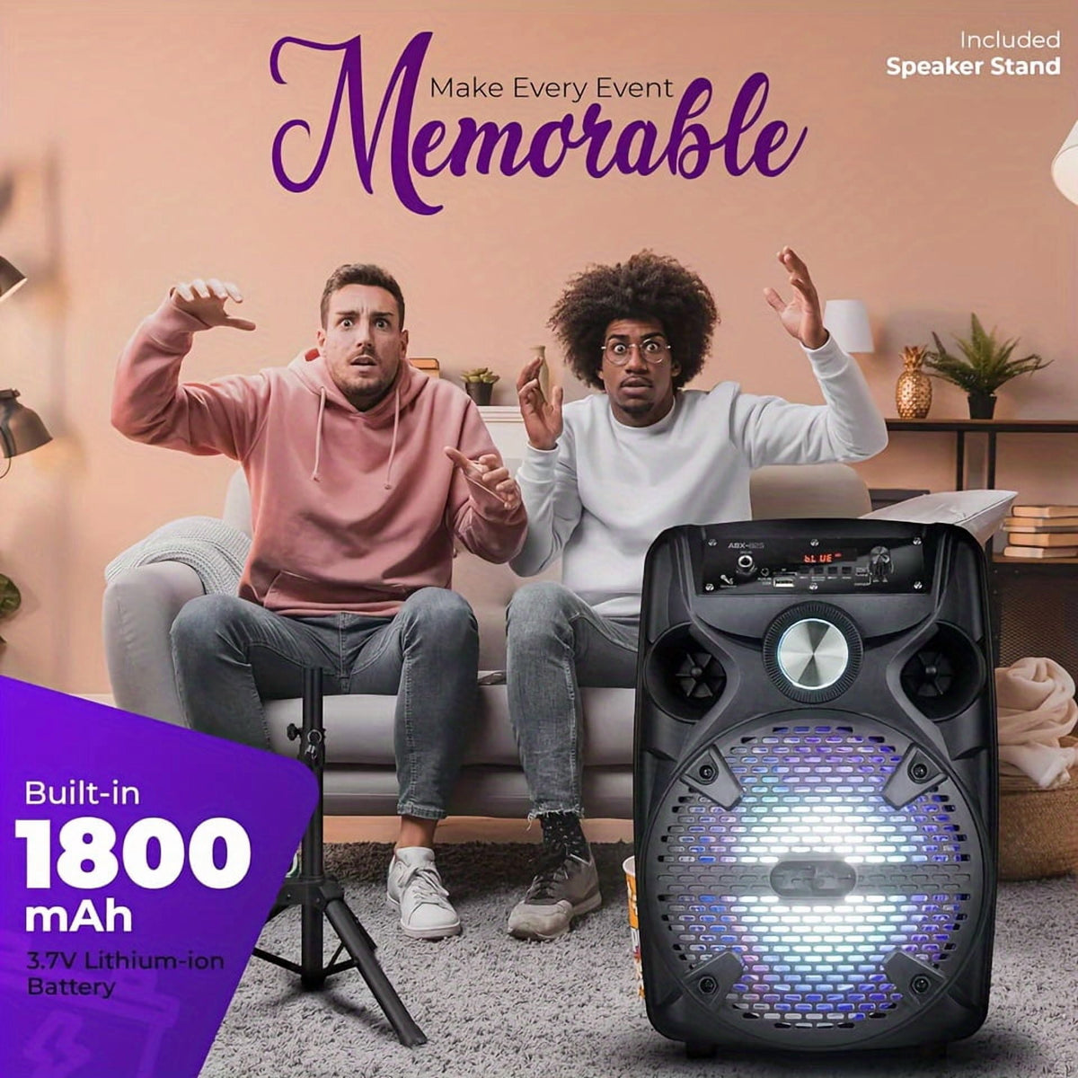 1100W Portable PA Speaker with 8" Subwoofer, Bluetooth, 7-Color LED, Rechargeable Battery, USB/SD/AUX, Includes Wired Mic & Stand for Outdoor Party