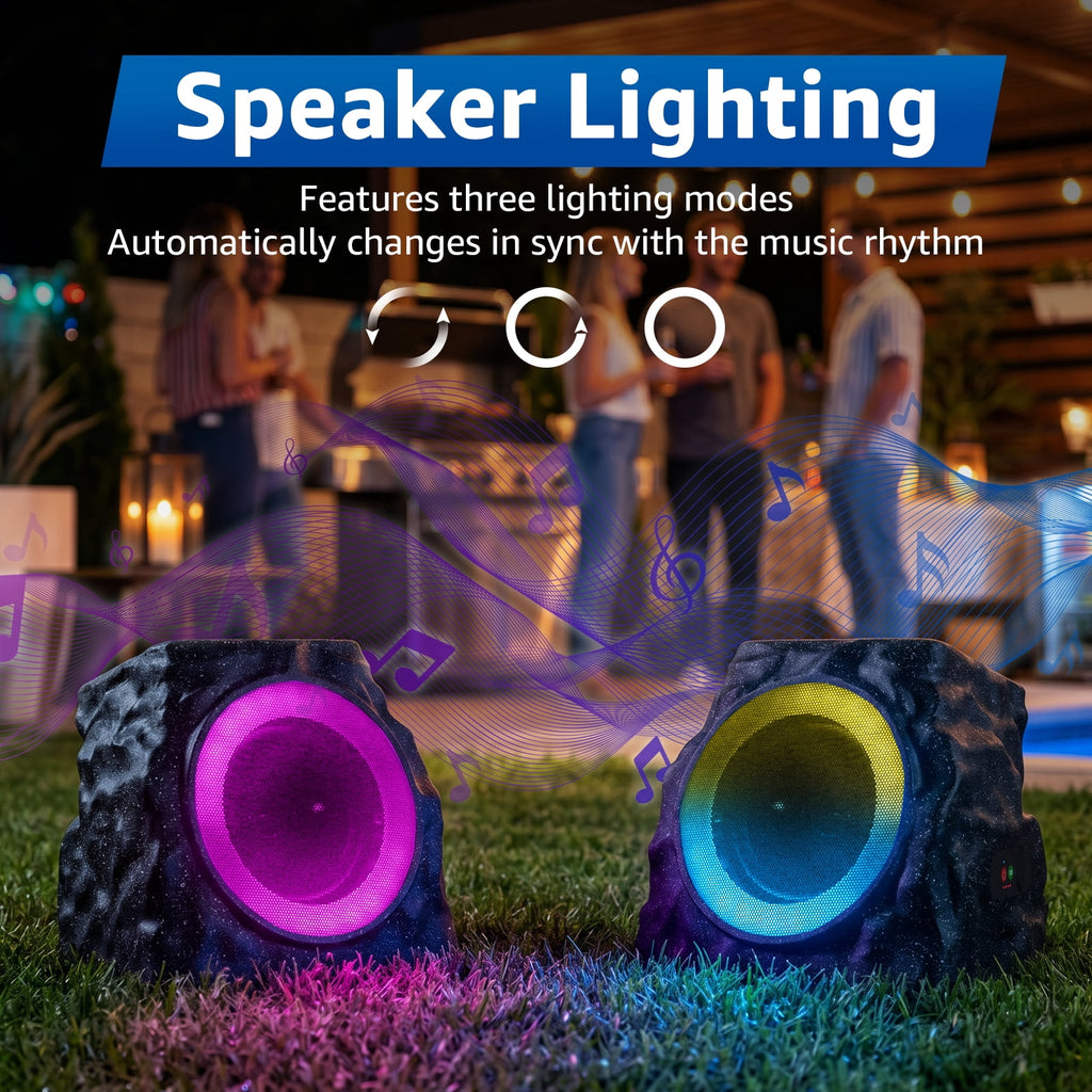 NiceBuy 2-Pack 8.1" Bluetooth Rock Speakers, Powerful Sound Solar Outdoor Wireless TWS Stereo Speaker with RGB Colorful LED Light for Indoor Outside Patio Garden