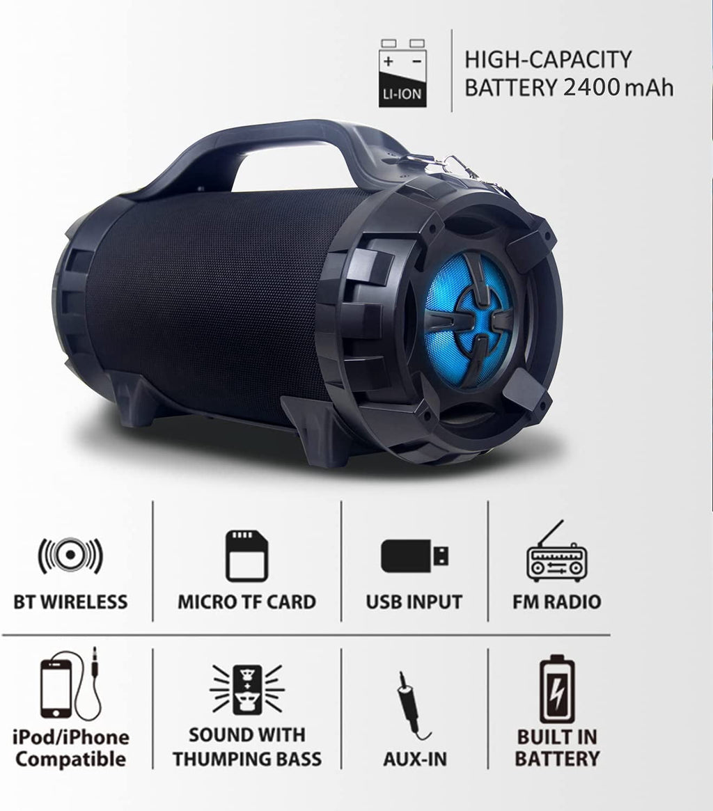 Wireless Portable Boom Box Stereo High Performance Bluetooth Speaker , NFC, USB Recording, Rechargeable Battery, LED Lights, AUX Input, FM Radio, MP3 System, Mic/Guitar Input w. Strap
