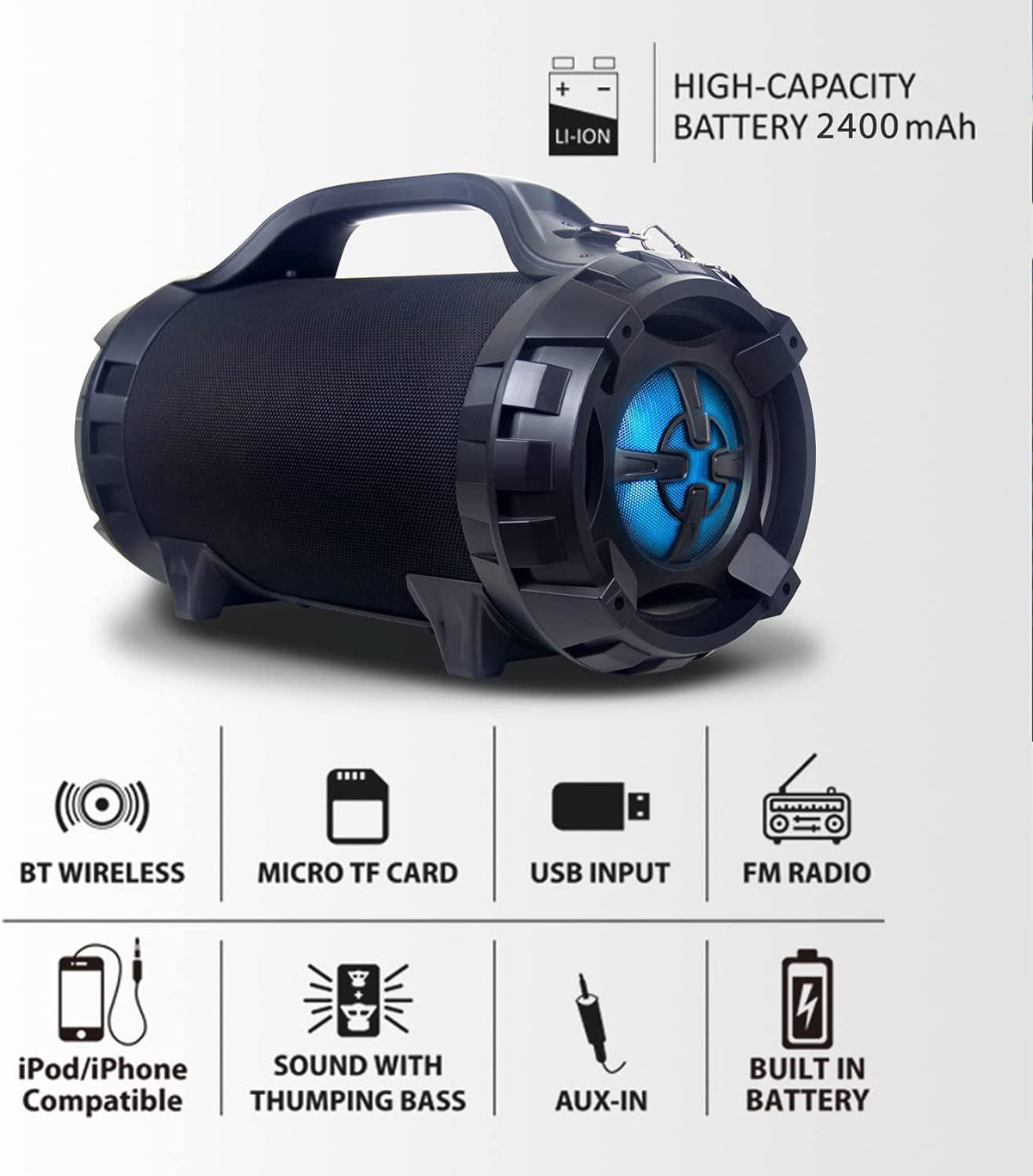 Wireless Portable Boom Box Stereo High Performance Bluetooth Speaker , NFC, USB Recording, Rechargeable Battery, LED Lights, AUX Input, FM Radio, MP3 System, Mic/Guitar Input w. Strap