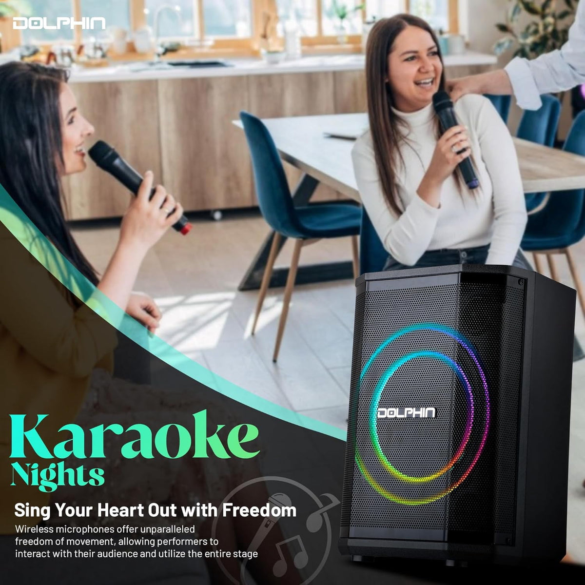Dolphin SP-885RBT Rechargeable Portable Bluetooth Party Speakers, Tiltable, 3D LED Ring Light, TWS, Wireless Microphone, and Multiple Playback Options