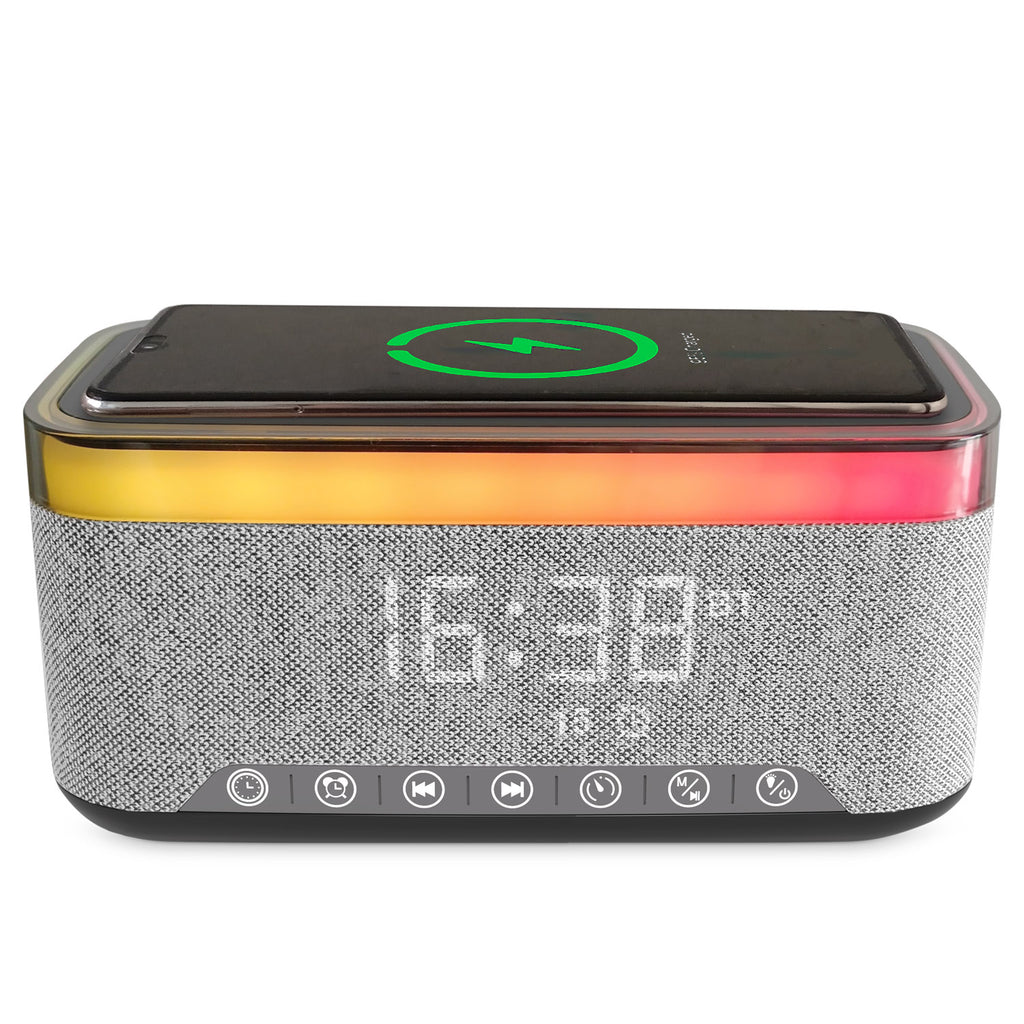 10W Bluetooth Stereo Speaker-Alarm Clock, Wireless Charging, RGB light
