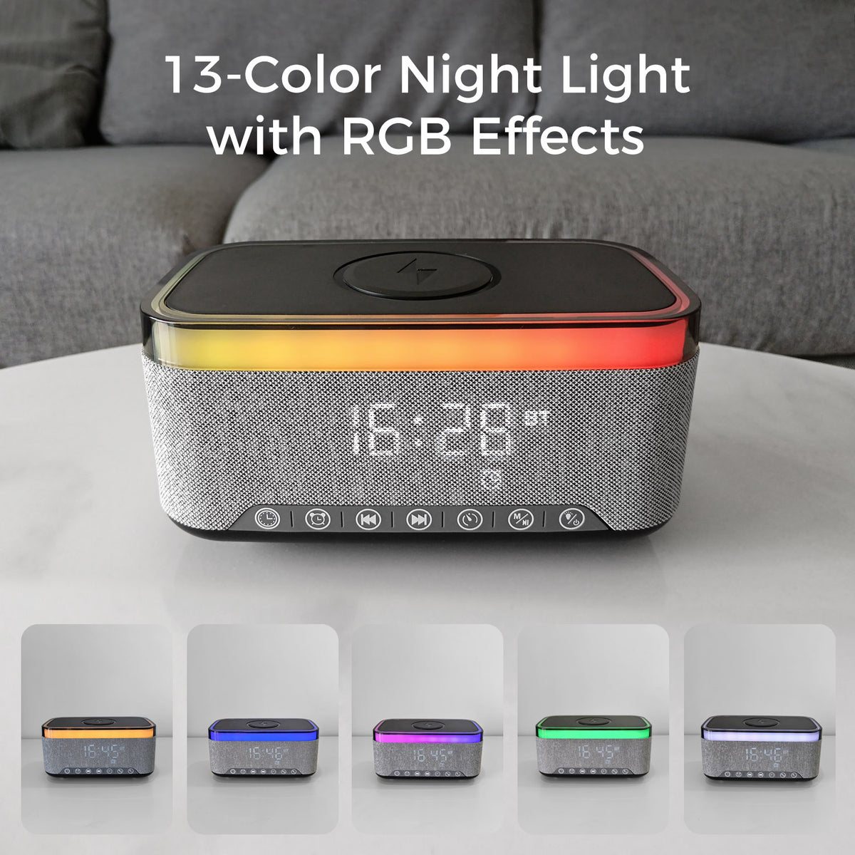 10W Bluetooth Stereo Speaker-Alarm Clock, Wireless Charging, RGB light