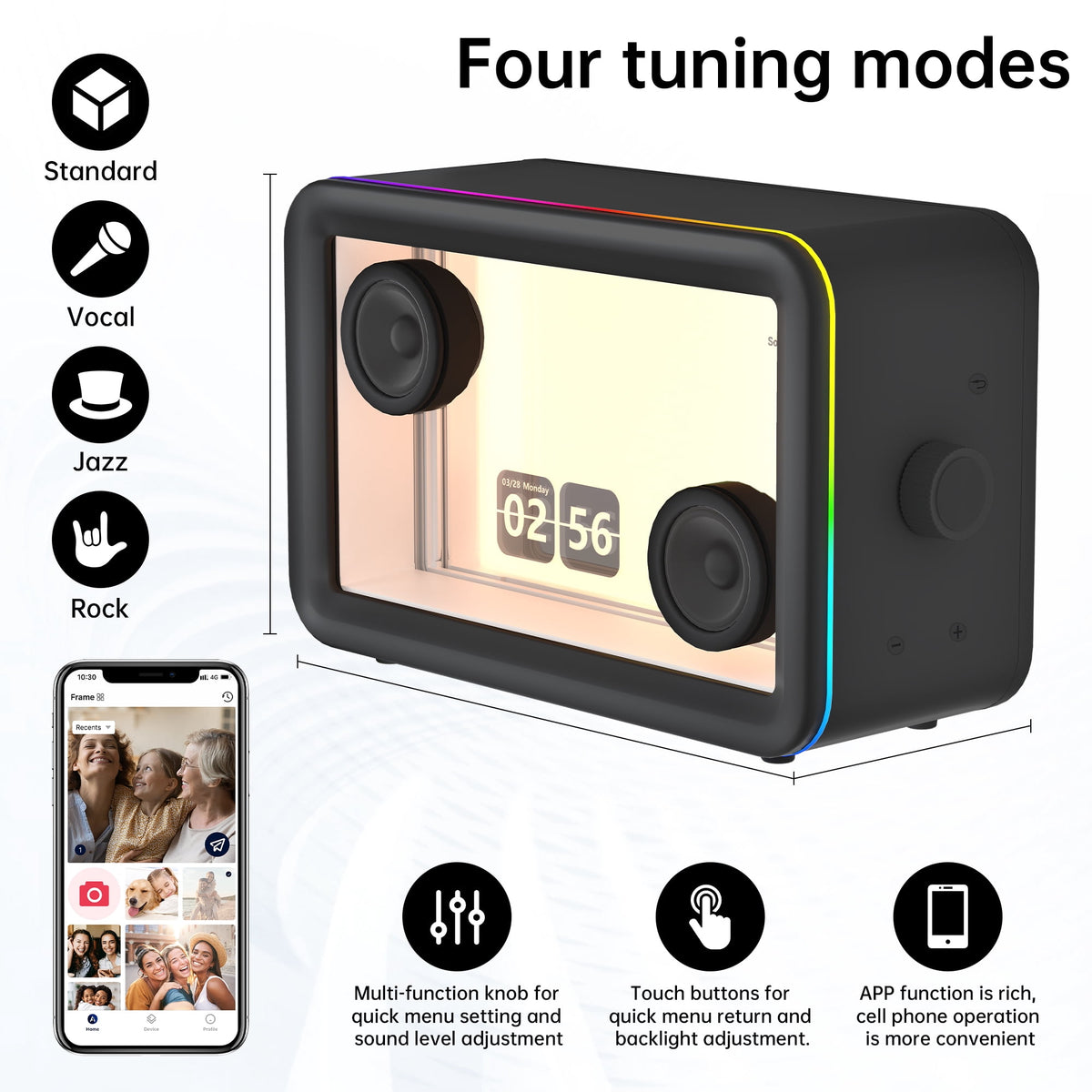 BESTSKI Bluetooth Speaker,with HD sound Hi-Fi Soundbar Speaker and Transparent Glass Screen, Dynamic Floating Lyrics, Digital Frame Function, LED Light Show,2.4G Wifi - Black
