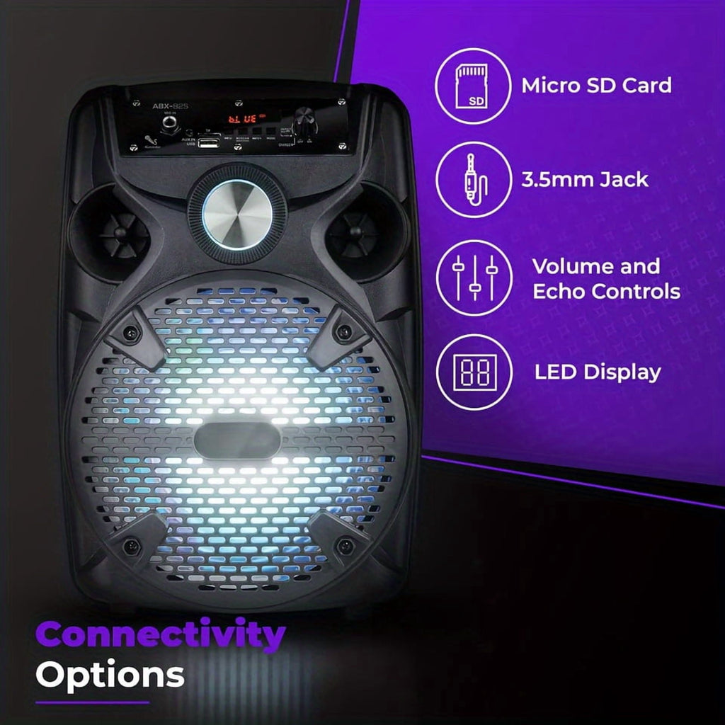 1100W Portable PA Speaker with 8" Subwoofer, Bluetooth, 7-Color LED, Rechargeable Battery, USB/SD/AUX, Includes Wired Mic & Stand for Outdoor Party