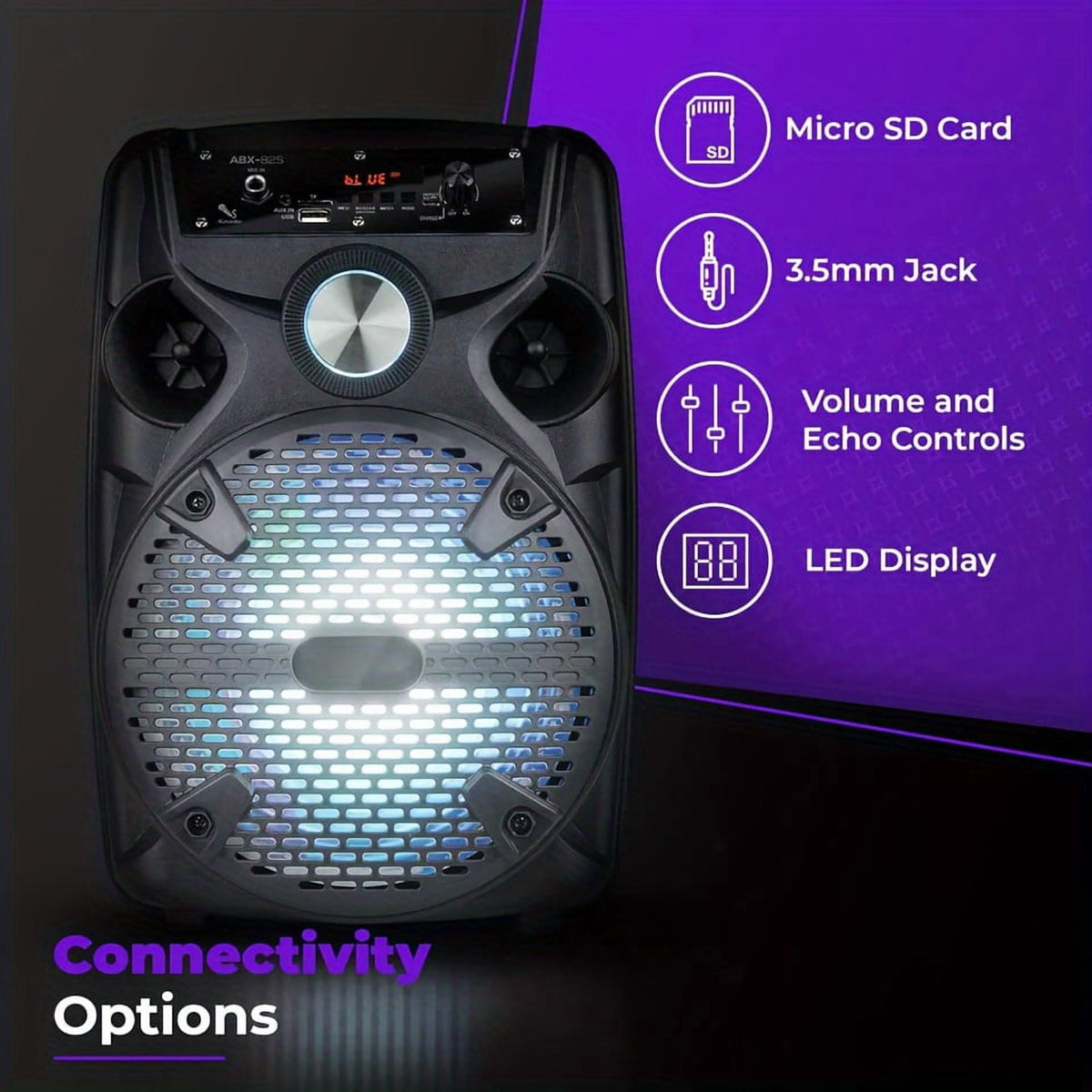 1100W Portable PA Speaker with 8" Subwoofer, Bluetooth, 7-Color LED, Rechargeable Battery, USB/SD/AUX, Includes Wired Mic & Stand for Outdoor Party