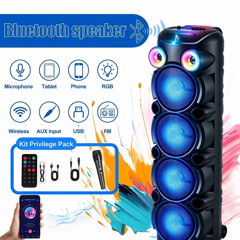 Lohoms Triple 8" Bluetooth Party Speaker, Portable Karaoke Machine & Outdoor PA Sound System with Powerful Stereo Sound, LED Lights, Wireless Mic, TWS Pairing, FM, USB, TF & AUX