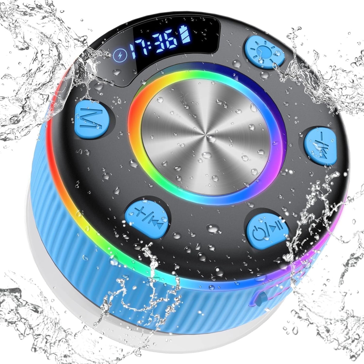 Bluetooth Shower Speaker, IPX7 Waterproof Wireless Speaker with Suction Cup, Time & Battery Display, Hands-Free Calls, 8–15H Playtime, 360° Sound Portable Mini Speaker for Bathroom and Travel
