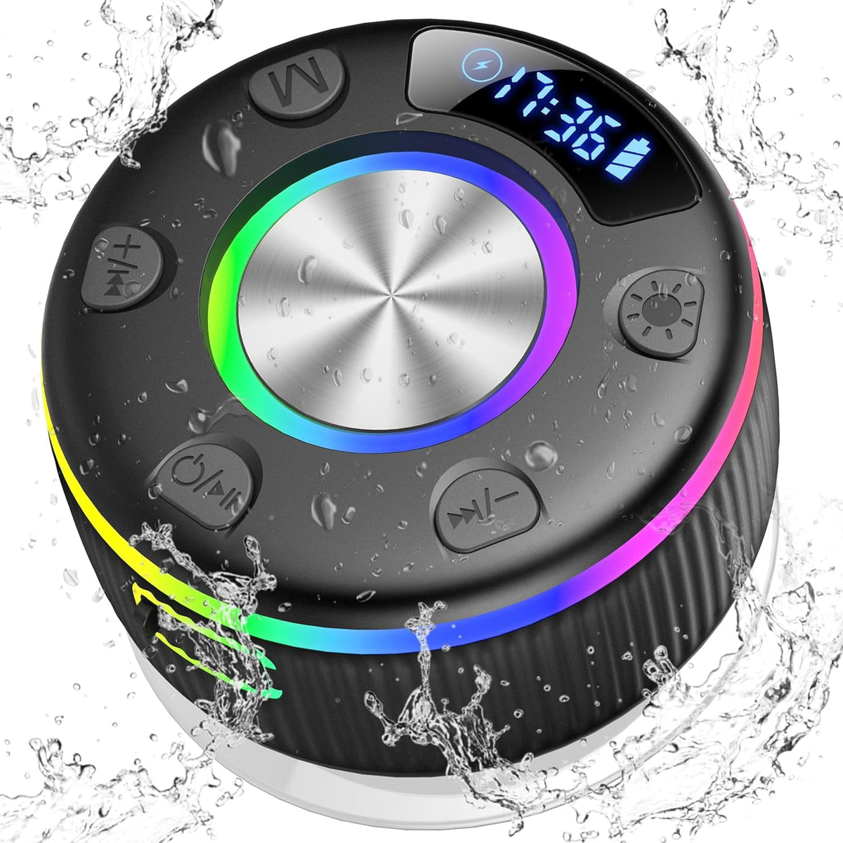 Bluetooth Shower Speaker, IPX7 Waterproof Wireless Speaker with Suction Cup, Time & Battery Display, Hands-Free Calls, 8–15H Playtime, 360° Sound Portable Mini Speaker for Bathroom and Travel